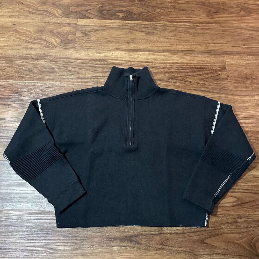 Silence + Noise Wool Cotton Mock Neck Black 1/4 Zip Sweater Cropped Knit Women M